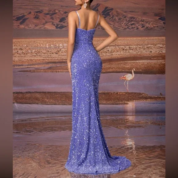 Luxe purple slit thigh sequins party dress - Picture 4 of 8